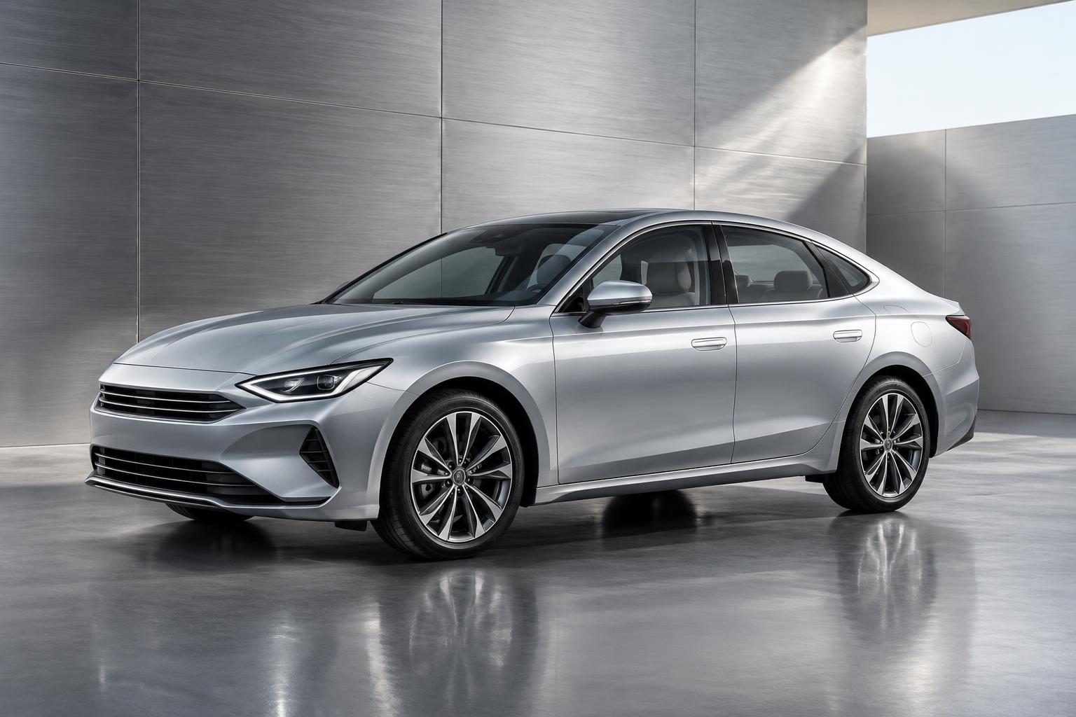 Silver sedan in a brushed-metal studio